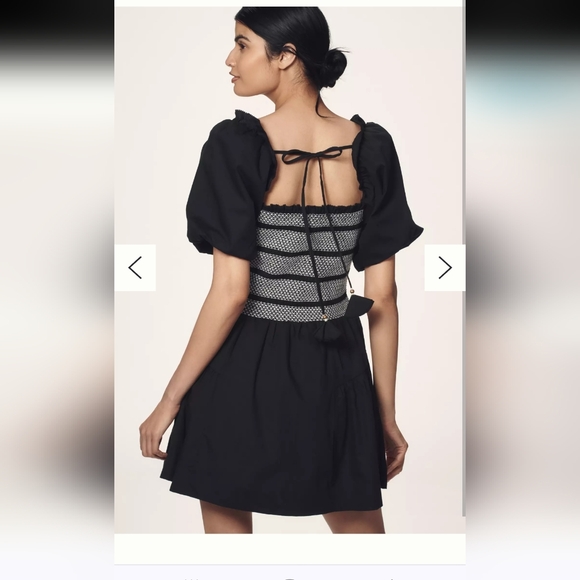 Anthropologie Black Puff-Sleeve Square-Neck Smocked Dress 100% Cotton - Picture 2 of 5